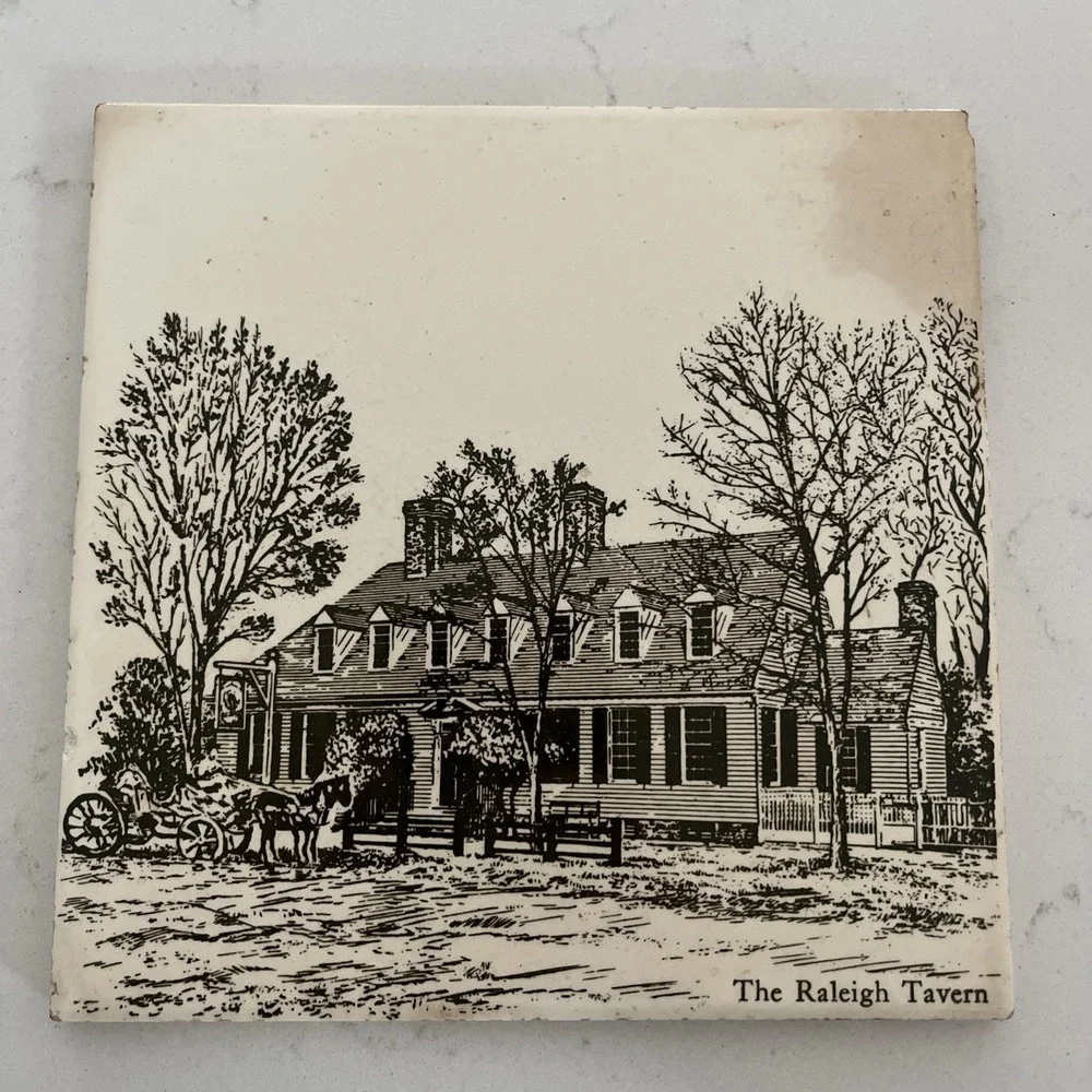 Vintage THE RALEIGH TAVERN Williamsburg Virginia Ceramic Tile Trivet 6X6 Germany